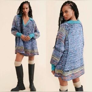 FREE PEOPLE Seasons Of Sun Mini Knit Sweater Dress Slouchy Oversized Blue M